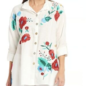 John Mark White Button Down Shirt with Red and Blue Floral Embroidery
